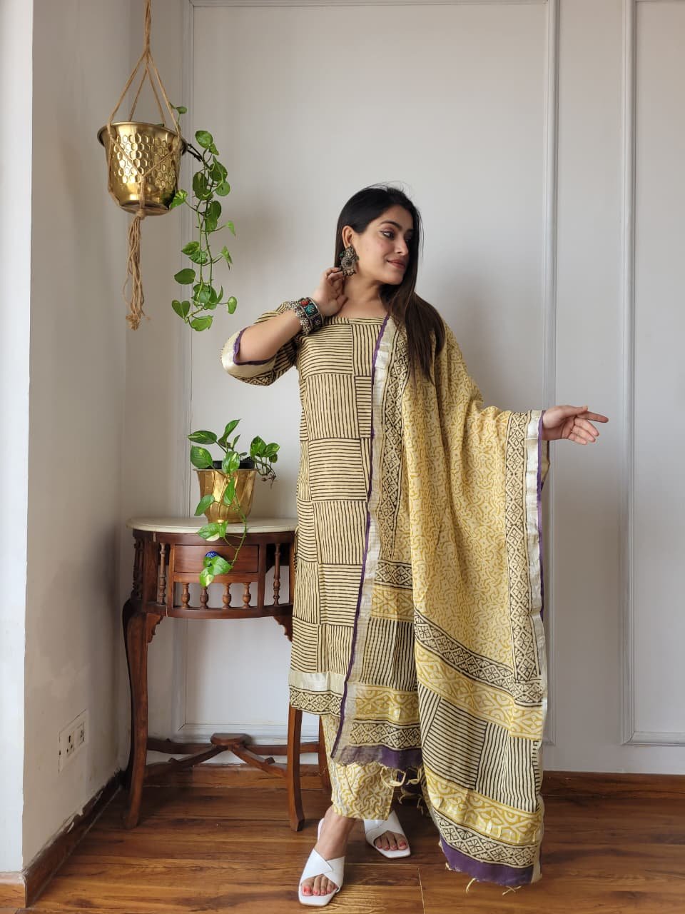 Yellow Bagru Hand Block Printed Linen Suit Set
